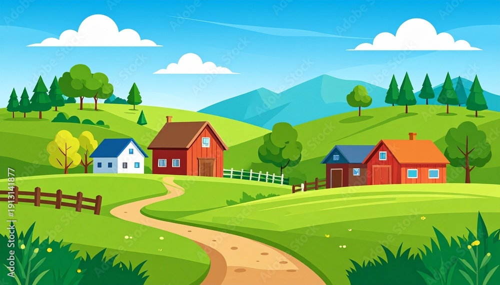 Naklejka premium Charming countryside houses in lush green valley with blue sky and clouds summer landscape