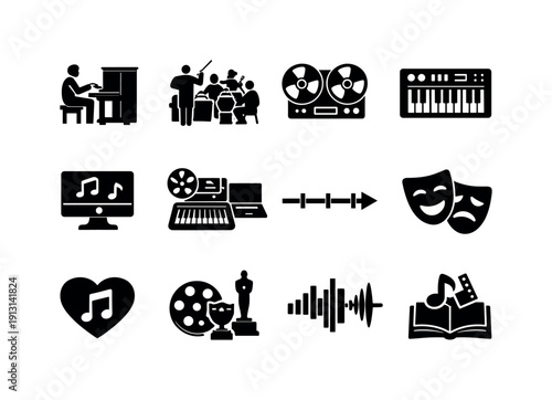 Evolution of movie scores. Solid icon set of evolution of movie scores: silent film piano, classic orchestra, magnetic tape, synthesizer era,