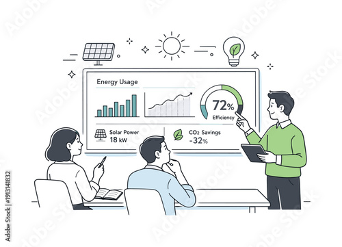 Energy-efficient workplace. Employees reviewing energy usage on a simple dashboard displayed on a wall screen. Quiet analytical mood with