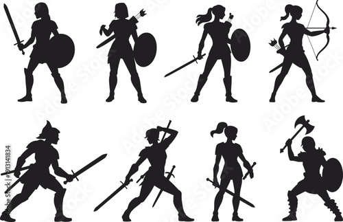 Collection of cute black cat vector illustrations featuring various poses with expressive yellow eyes and minimalist flat design style isolated on white background.