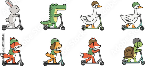 Cute animals riding scooters set with helmets in cartoon style isolated