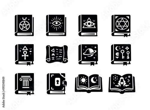 Mystical knowledge. Solid icon set of mystical knowledge: occult study book, enlightenment tome, hidden truth book, sacred geometry book,