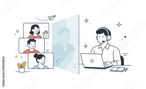 Remote work emotional distance. Professional figure on a video call with a soft barrier or faded screen between them and others. Subtle