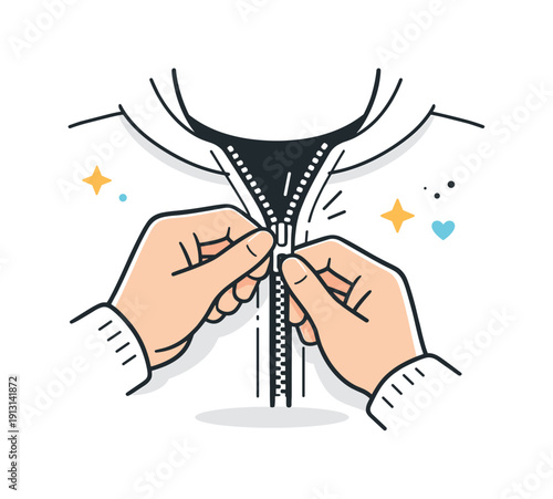 Zipping a jacket. Close-up of hands pulling a zipper up on a jacket, smooth motion and quiet focus. Everyday action captured with clean lines