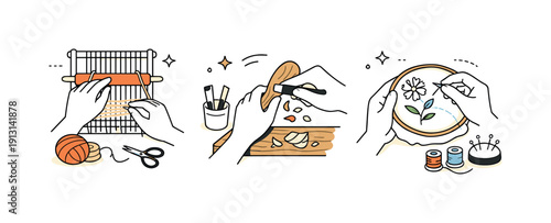 Traditional crafts preservation. Hands weaving, carving, or embroidering with simple tools, showing patience, skill, and generational