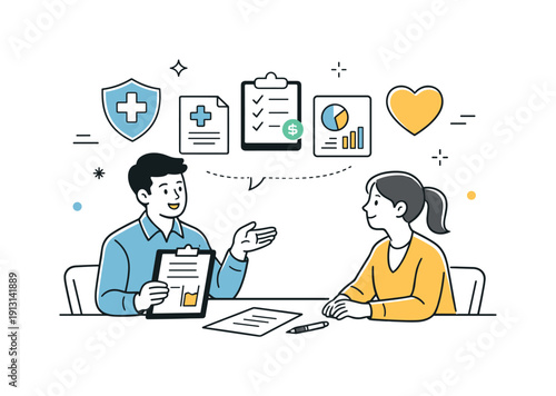 Health insurance consultation. An advisor calmly explaining insurance options to a client using simple charts and documents, friendly