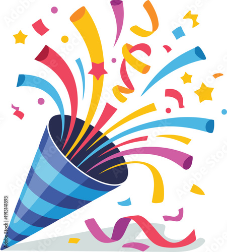 A blue and striped party popper exploding with a burst of colorful confetti and streamers in celebration