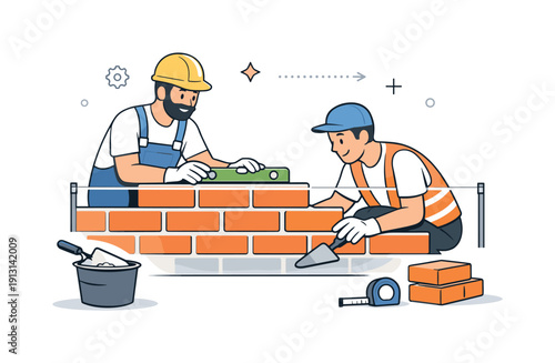 Bricklayers in Harmony. Bricklayers constructing buildings. Two workers collaborating as they align bricks using simple tools. The atmosphere feels