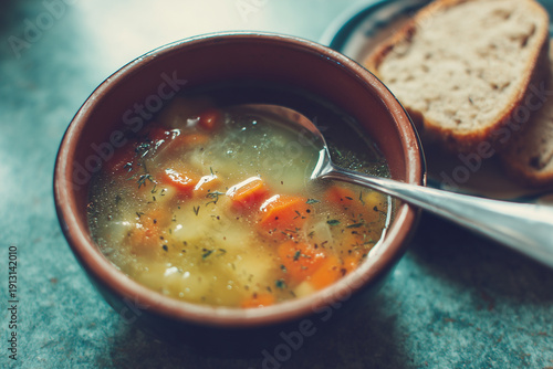 Plain soup in ceramic bowl. Homemade lunch. Homemade soup