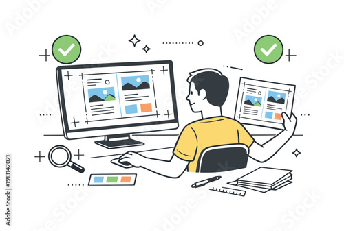 Print-ready brochure preparation. A designer checking final brochure pages on screen and paper side by side, alignment marks and calm check