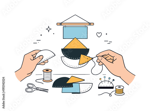 DIY fabric wall hangings and decor. Hands sewing simple geometric fabric shapes together, creating a decorative textile panel. A sense of