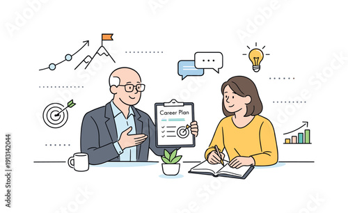 Mentoring in Management. Career development and mentoring in management. A senior manager calmly guiding a colleague through a career plan, open discussion and