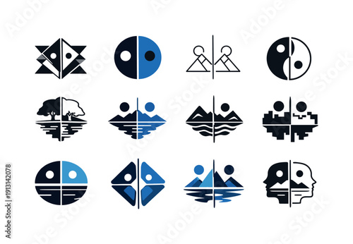 Parallel realities and perception. Icon set. Set Logo of parallel realities and perception: mirrored worlds divided by a central line.