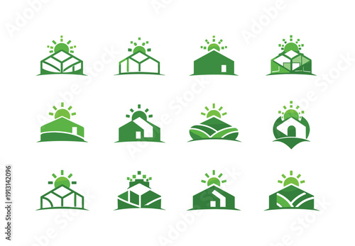    Startups in agriculture technology. Icon set. Set Logo of Startups in agriculture technology: greenhouse with digital sun. harmonious logo