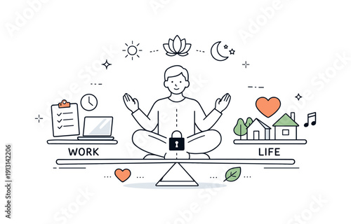 Redefining work boundaries. Person setting clear limits between work and personal values, simple icons showing balance and intention. Calm