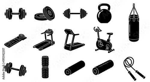 Gym workout equipment black silhouette vector icon collection