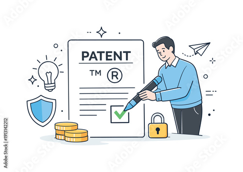 Protecting business ideas. A person placing a checkmark on a patent or trademark document, calm and confident action. Editorial metaphor for