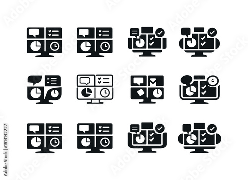    multitasking on screen. Icon set. Set Logo of multitasking on screen: productivity screen grid. harmonious logo variations of the same