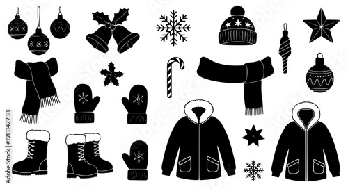 Christmas and winter clothing black silhouette vector icon set