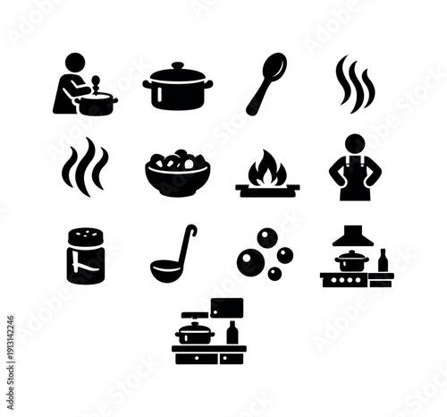    Homemade curry cooking. Solid icon set of homemade curry cooking: person stirring pot, cooking pot, wooden spoon, rising steam, spice aroma