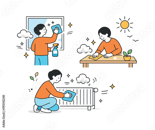 Cleaning dust from winter indoors. A character cleans a window, table, or radiator, removing settled winter dust and letting the space
