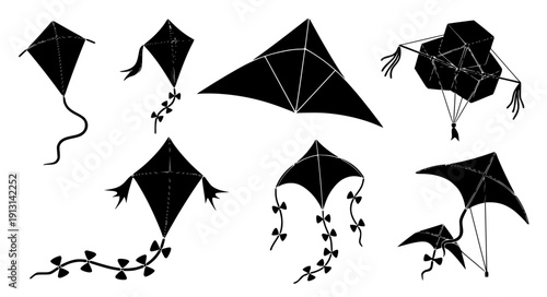 Various kite black silhouette vector icon collection