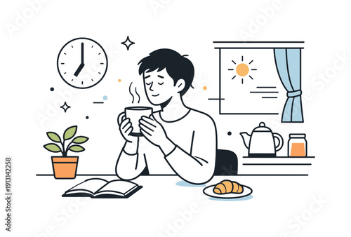 Quiet personal mornings. Person sitting at a kitchen table with a warm drink, soft morning light coming through the window. Calm start of the