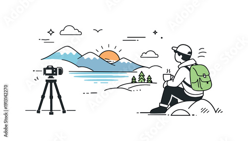 A photographer capturing a stunning landscape with a camera. A friendly scene showing a tripod set up as the photographer waits for perfect