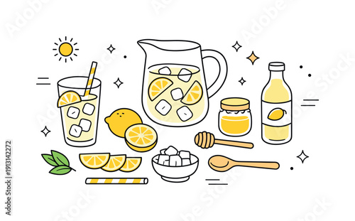 Minimalist Lemonade Flat Lay. Lemonade props. Minimal lemonade elements arranged neatly like a quiet summer flat lay. The illustration conveys freshness,