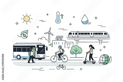 Climate-adaptive urban mobility. Public transport routes and bike paths integrated into a clean city scene, with abstract climate indicators