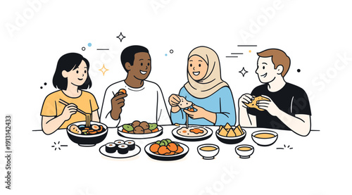 Shared cultural food. Several people sharing different ethnic dishes at one table, calm social interaction. Editorial scene about diversity,