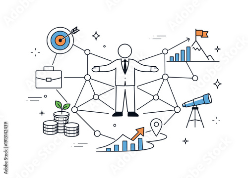 Network-driven success. A central figure supported by a web of connections leading to symbols of growth. Long-term vision, stability and