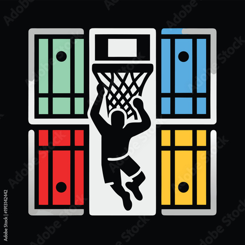 Retro Pop Art Basketball Player Dunk Panels Poster Design