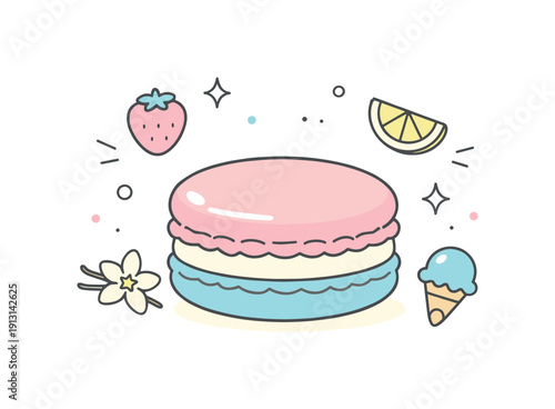 Macaron pastel colors. A single pastel macaron shown with floating flavor icons and sparkles, emphasizing delicate taste and joyful