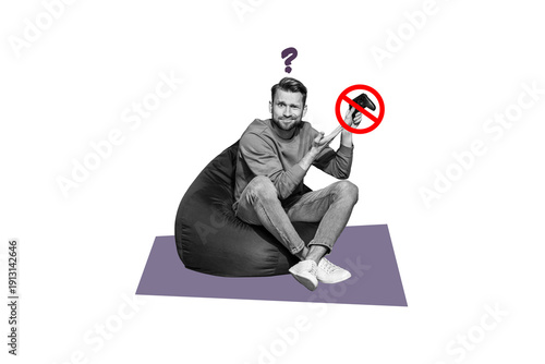 Foto Composite photo collage of dissatisfied man hold broke console device stop sign