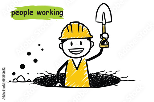 Hand Drawn Construction Worker Digging Hole with Shovel Doodle Illustration
