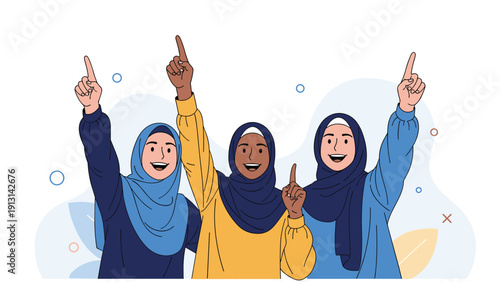 Group of happy Muslim women in traditional hijabs pointing upwards and smiling together in a celebratory and positive atmosphere.