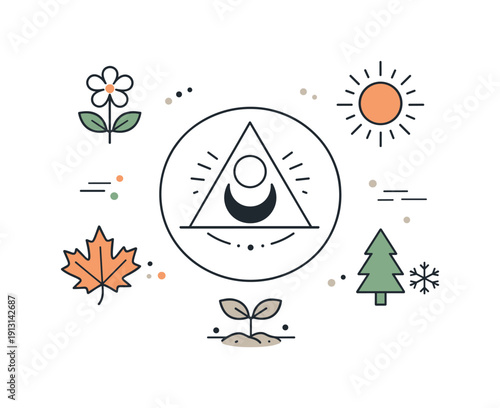 Seasonal ritual minimal symbols abstract scene. A central symbol surrounded by smaller seasonal icons, suggesting focus and meaning within