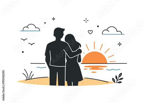 Sunset Romance Silhouettes. Sunset views for couples. A couple standing close together watching the sun set on the horizon, calm silhouettes and warm evening