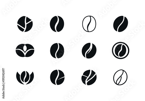    Local cafes. Icon set. Set Logo of local cafes: coffee bean emblem. harmonious logo variations of the same emblematic concept, each with
