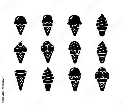 Ice Cream Icons. Ice Cream Cone. Solid icon set of Ice Cream Cone: waffle cone, single scoop, double scoop, melting ice cream, soft serve cone, dessert cone,
