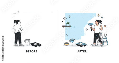 Creative wall transformation. A before-and-after style scene showing a plain wall turning into a freshly painted surface with subtle texture.