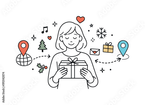 Holiday Gift Arrival. Holiday surprise package. Receiving a mailed gift from afar, thoughtful emotion and gratitude. Map pins, arrows, and small festive icons