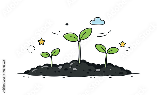 Growth in Progress. Seedlings in soil. A close-up minimal view of seedlings growing from soil, emphasizing texture contrast and softness. The mood is calm and