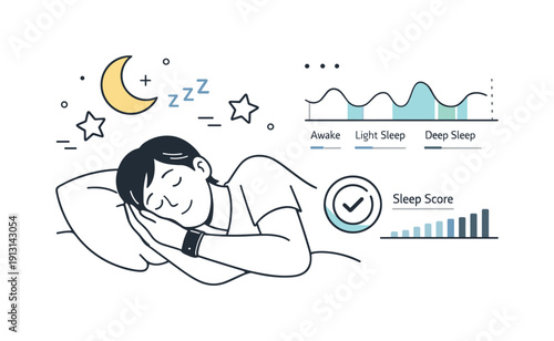 Sleep tracking technology. Editorial night-time scene with a person resting while a wearable device tracks sleep, soft moon and stars icons