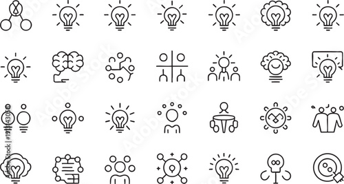 Set of 28 Minimalist Line Icons for Creative Thinking Business Strategy and Innovation, Brainstorming and Human Resource Management Vector Line Art Collection for Startup Branding