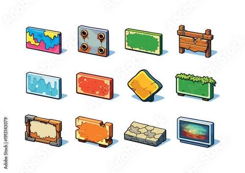Colorful Sign Decay Icons. Sign Decay. Colorful isometric vector icons set of Sign Decay: peeling paint icon, rusted screw holes, fading sign edges, broken