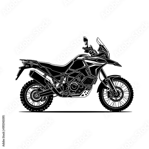 Adventure Motorcycle Black and White Illustration.