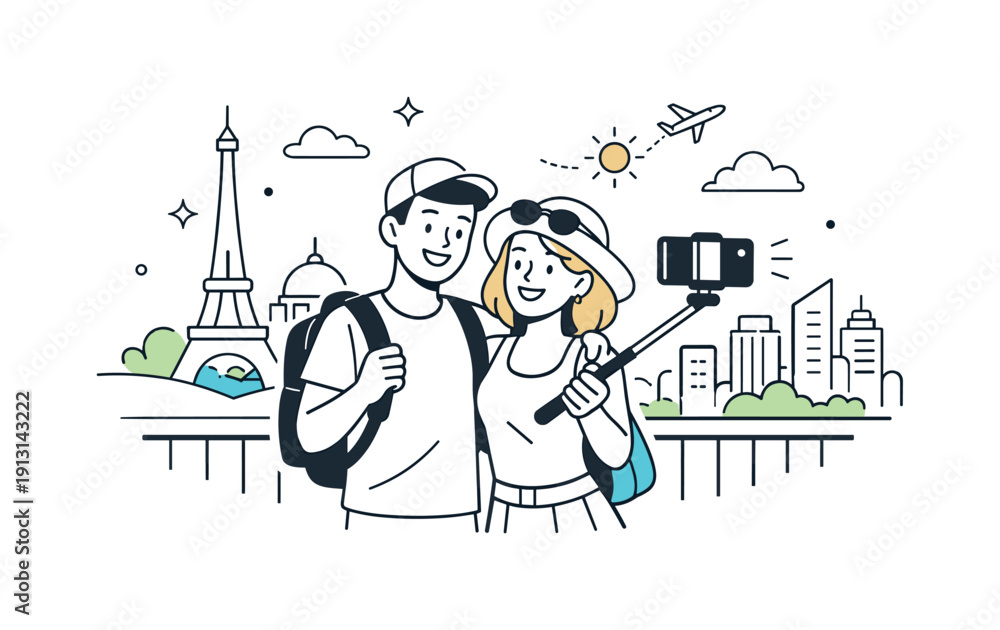 Obraz premium Tourist couple at a landmark. A relaxed scene of a couple holding a phone on a selfie stick, city panorama opening up behind them. Freedom,