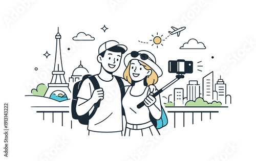 Tourist couple at a landmark. A relaxed scene of a couple holding a phone on a selfie stick, city panorama opening up behind them. Freedom,